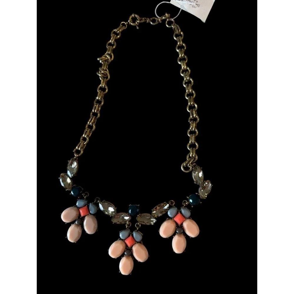 Gold-tone Floral Cluster Necklace with‎ Peach, Coral & Navy Accents